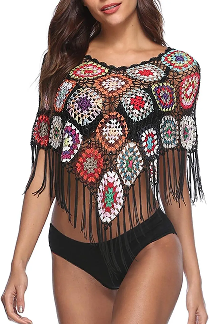 xxxiticat Women's Embroidery Print Hollow Out Bikini Blouse Cloak Poncho Cape Fringe Hem Crochet Floral Beach Cover Ups Tops