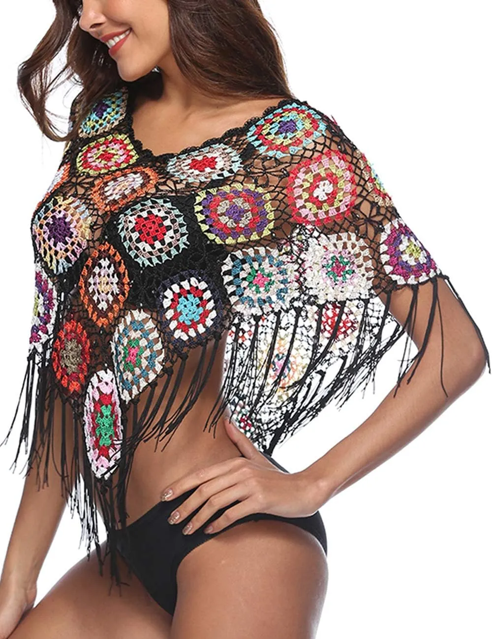 xxxiticat Women's Embroidery Print Hollow Out Bikini Blouse Cloak Poncho Cape Fringe Hem Crochet Floral Beach Cover Ups Tops