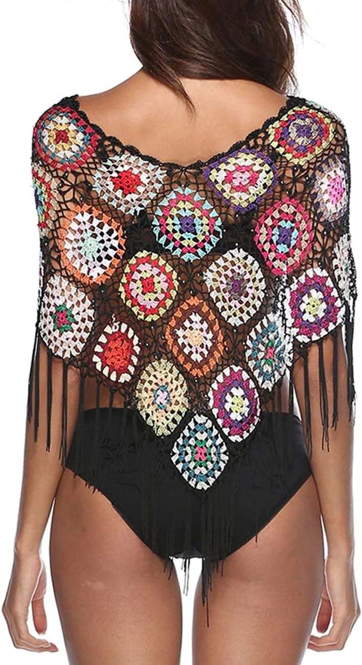 xxxiticat Women's Embroidery Print Hollow Out Bikini Blouse Cloak Poncho Cape Fringe Hem Crochet Floral Beach Cover Ups Tops