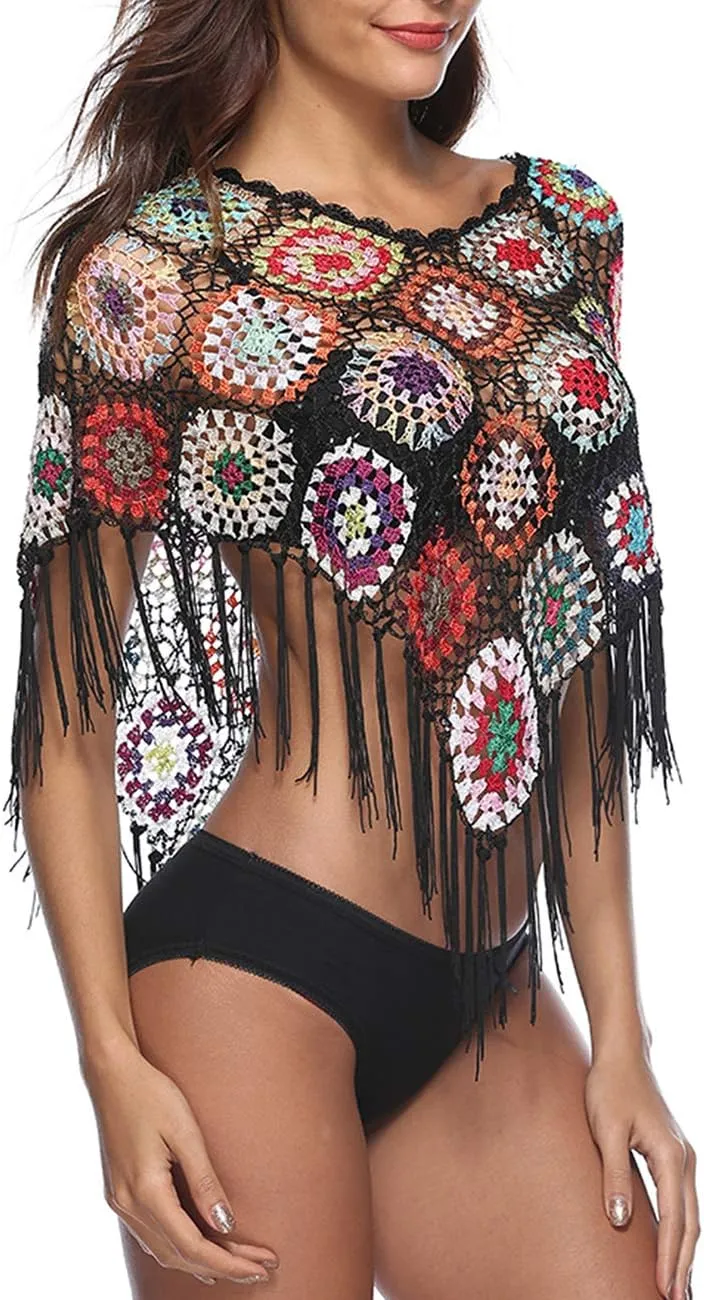 xxxiticat Women's Embroidery Print Hollow Out Bikini Blouse Cloak Poncho Cape Fringe Hem Crochet Floral Beach Cover Ups Tops