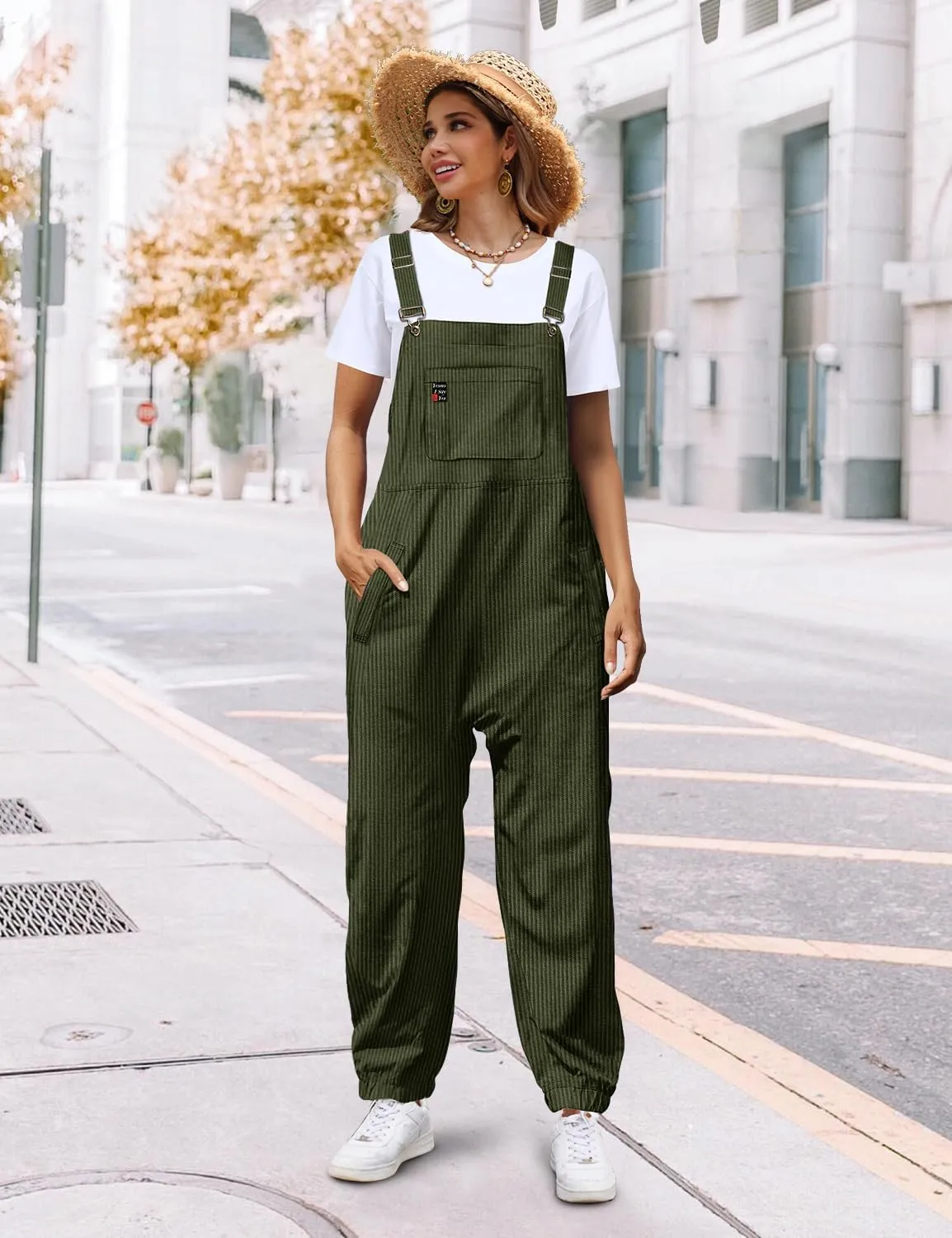 YESNO Women's Casual Corduroy Overalls Sleeveless Adjustable Straps Loose Harem Bib Jumpsuits for Women with Pockets PCL