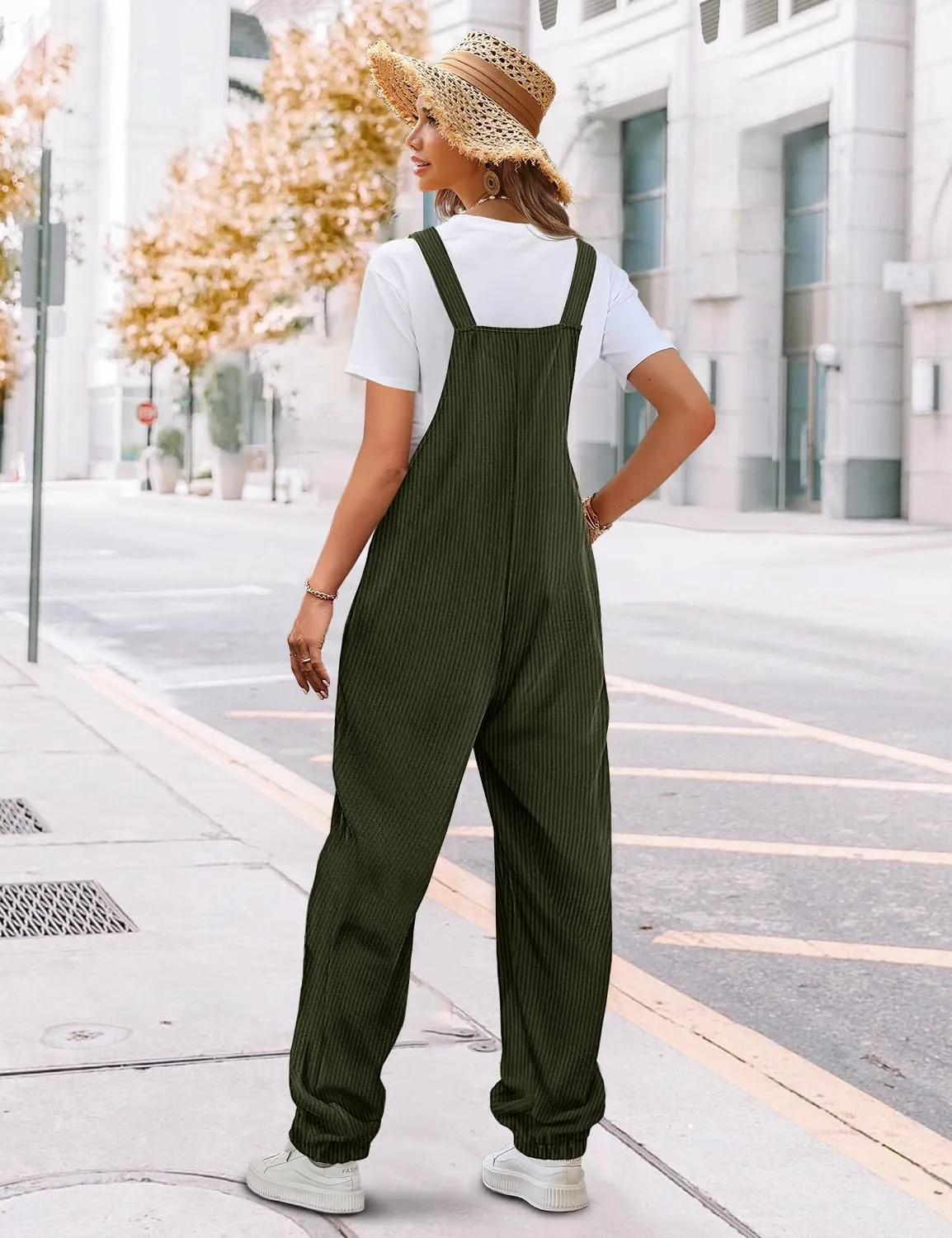 YESNO Women's Casual Corduroy Overalls Sleeveless Adjustable Straps Loose Harem Bib Jumpsuits for Women with Pockets PCL