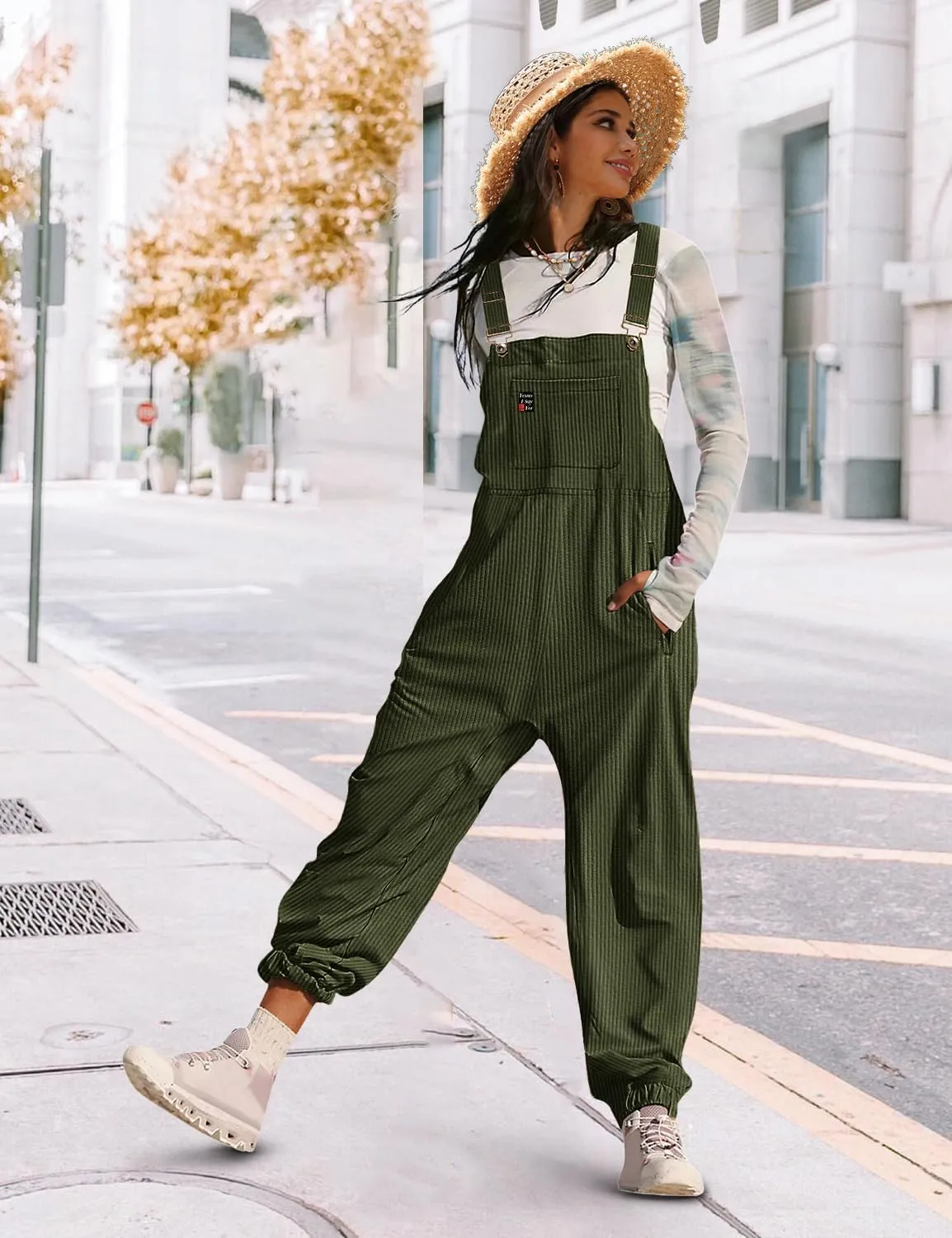 YESNO Women's Casual Corduroy Overalls Sleeveless Adjustable Straps Loose Harem Bib Jumpsuits for Women with Pockets PCL