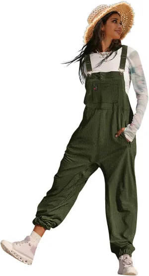 YESNO Women's Casual Corduroy Overalls Sleeveless Adjustable Straps Loose Harem Bib Jumpsuits for Women with Pockets PCL