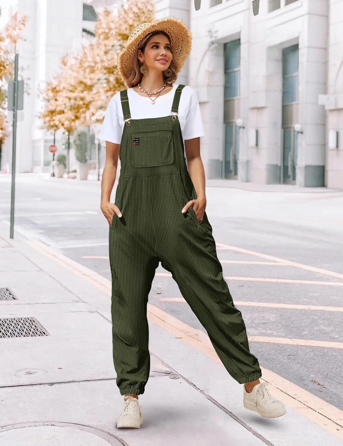 YESNO Women's Casual Corduroy Overalls Sleeveless Adjustable Straps Loose Harem Bib Jumpsuits for Women with Pockets PCL