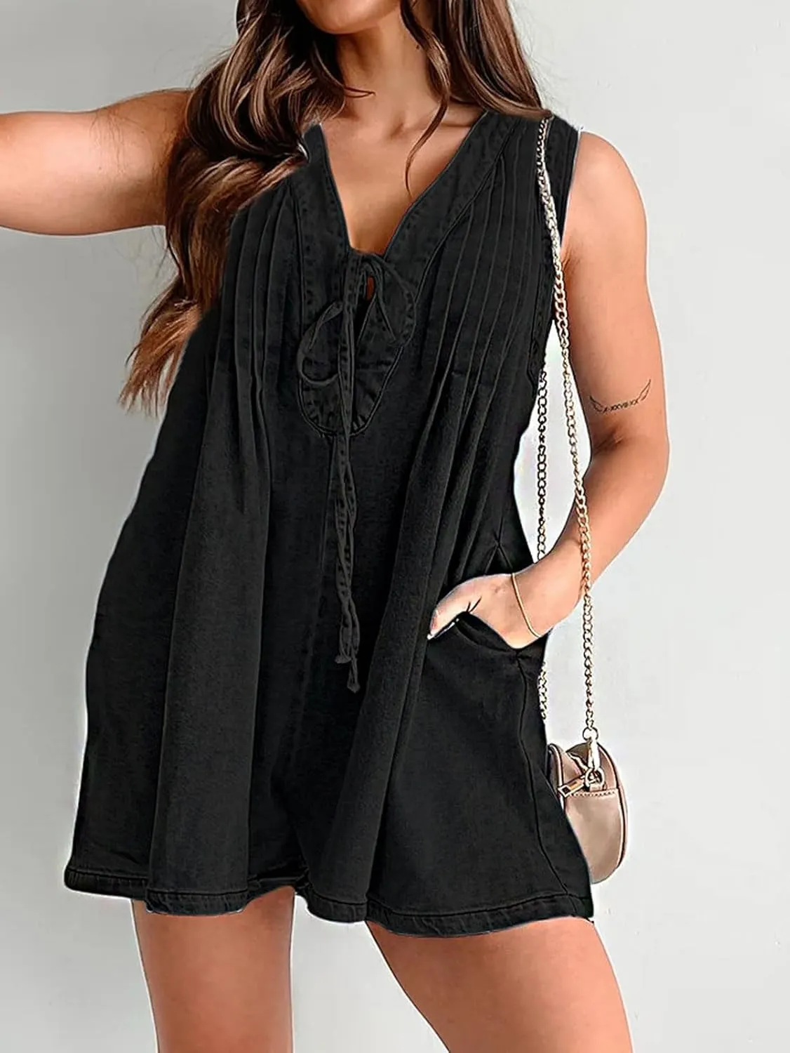 yoeasy Women's Sleeveless V Neck Shorts Denim Romper Tie Front Ruffle Jean Short Overall With Pocket