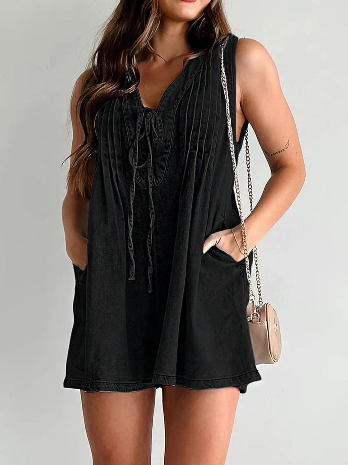 yoeasy Women's Sleeveless V Neck Shorts Denim Romper Tie Front Ruffle Jean Short Overall With Pocket