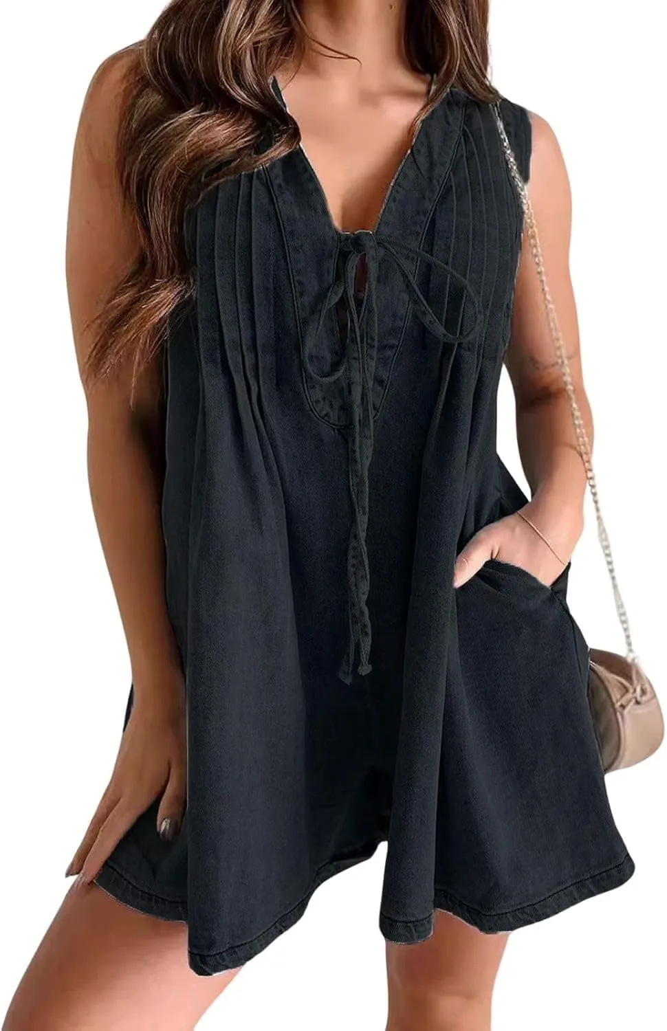 yoeasy Women's Sleeveless V Neck Shorts Denim Romper Tie Front Ruffle Jean Short Overall With Pocket
