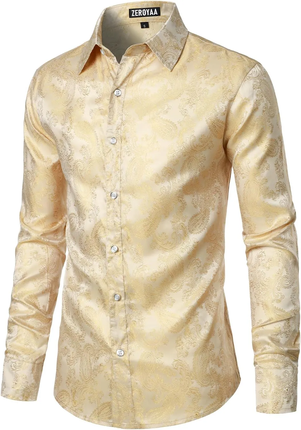 ZEROYAA Men's Paisley Jacquard Slim Fit Long Sleeve Button Up Dress Shirt for Party Prom