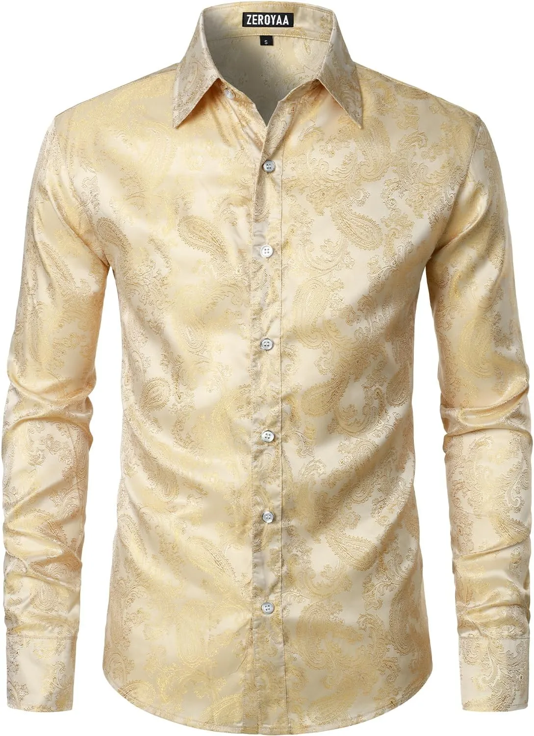 ZEROYAA Men's Paisley Jacquard Slim Fit Long Sleeve Button Up Dress Shirt for Party Prom